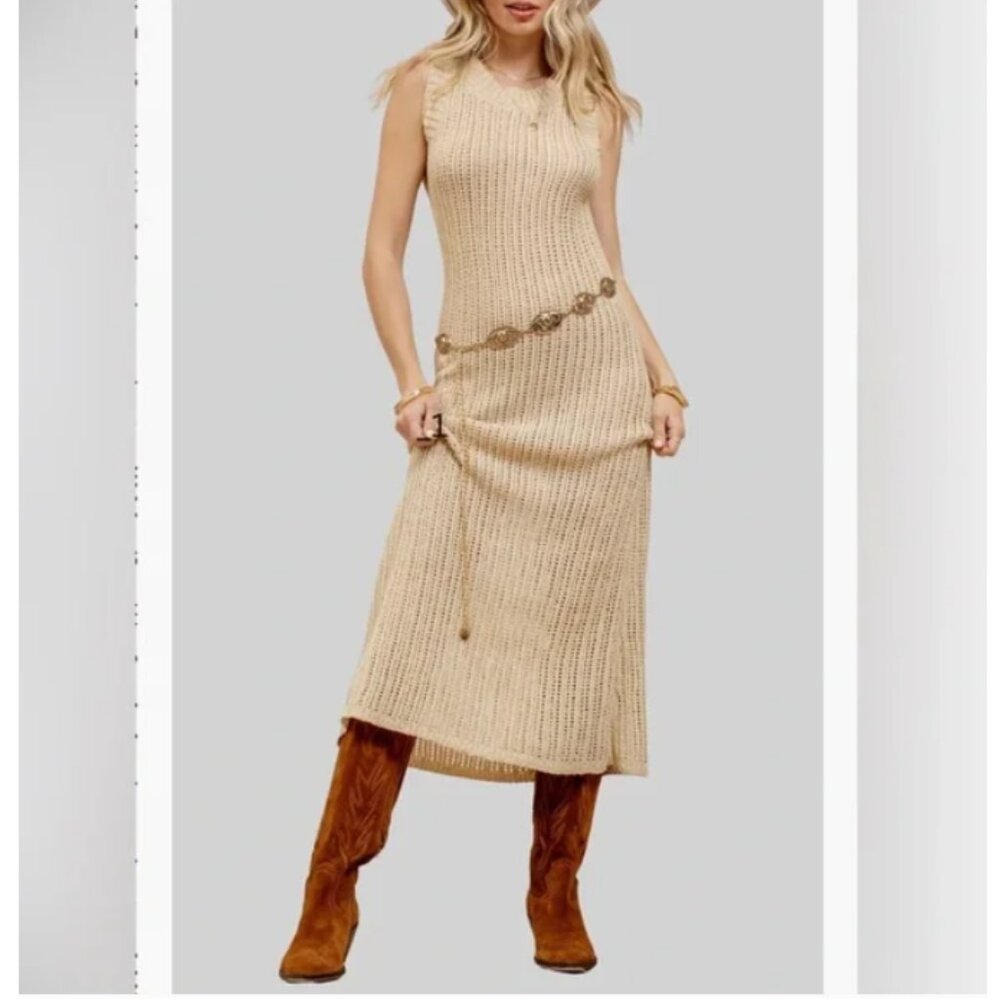 Blu Pepper Sleeveless Knit crochet lace MIDI Dress NWT Sz M 4-6 Natural beige